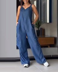 Thin Denim Cargo Pocket V-neck Jumpsuit