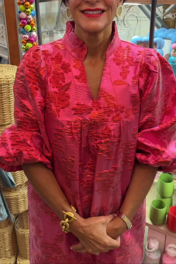 Pink Puff Sleeve Jacquard Maxi Dress