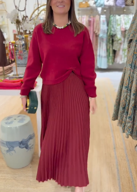 Side-knotted sweater pleated midi skirt suit