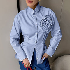 Striped Blue Flower Long-sleeved  Shirt