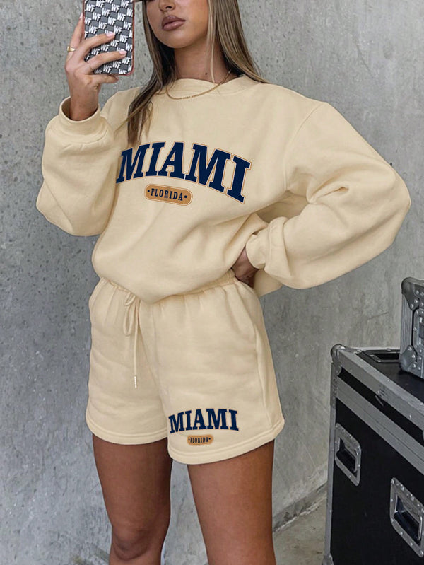 Letter Graphic Drop Shoulder Hoodie & Drawstring Waist Shorts