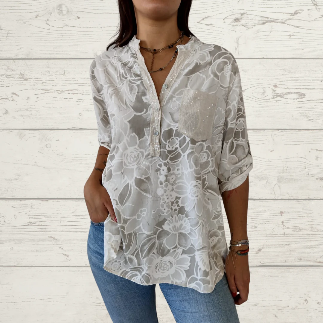 Printed V-Neck Button Down Shirt