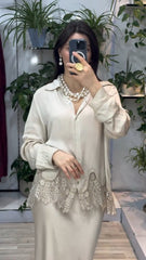 Women's Fashion Lace Patchwork Long Sleeve Blouse and Half-body Skirt Set