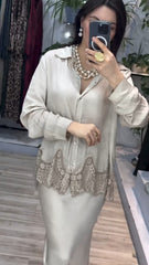 Women's Fashion Lace Patchwork Long Sleeve Blouse and Half-body Skirt Set