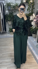 Women's Sequin V-Neck Top and Baggy Pants Set