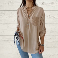 Women's Sequin Pocket Long Sleeve Blouse