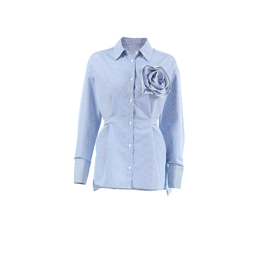 Striped Blue Flower Long-sleeved  Shirt