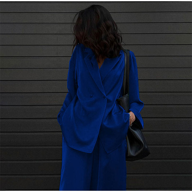 Satin Suit Lapel Long Sleeve Wide Leg Pants Suit