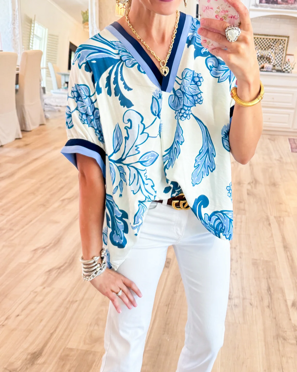 Blue Printed Dolman Sleeve Top