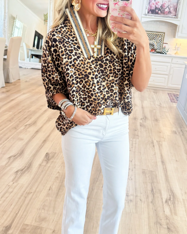 Camel Leopard Dolman Sleeve Top