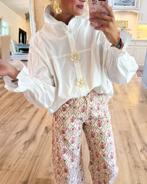 White Pearl Flower Button Down Top