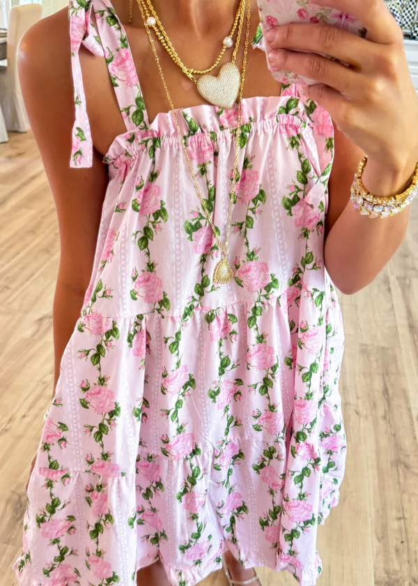 Pink Vintage Rose Shoulder Tie Mini Dress