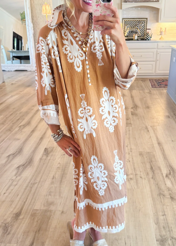 Mocha Abstract Print Midi Dress