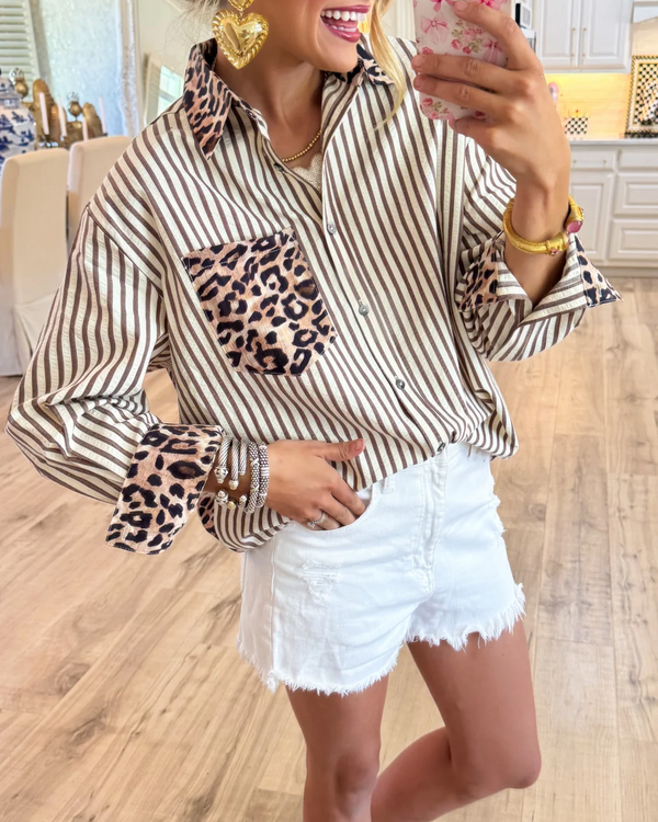 Brown Leopard Print Stripe Long Sleeve Top