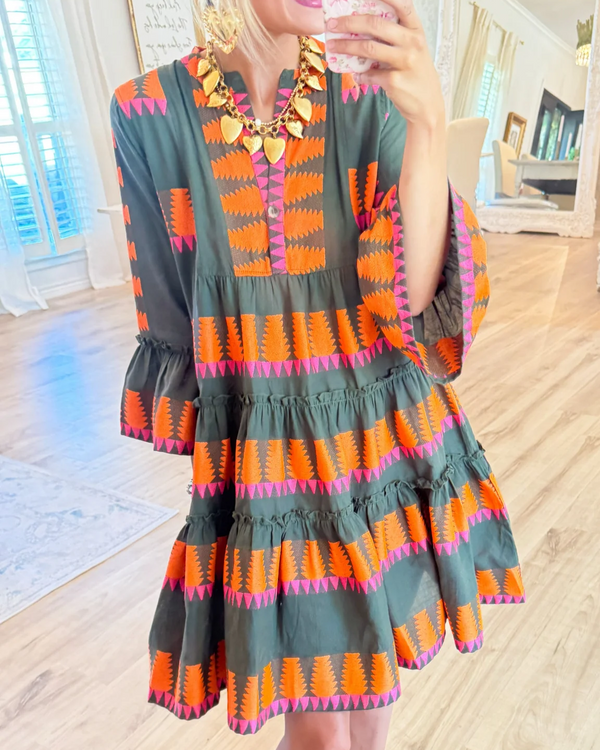 Dark Olive Jacquard Tiered Dress