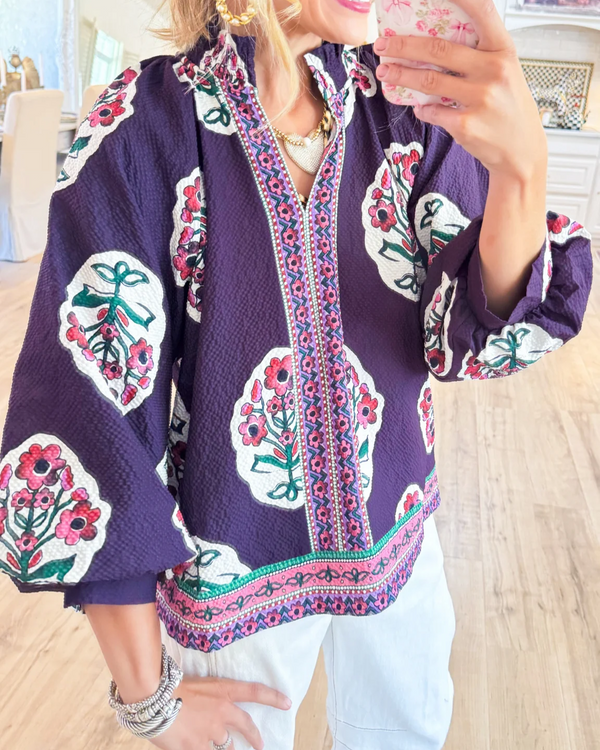 Plum Boho Floral Print Tunic Top