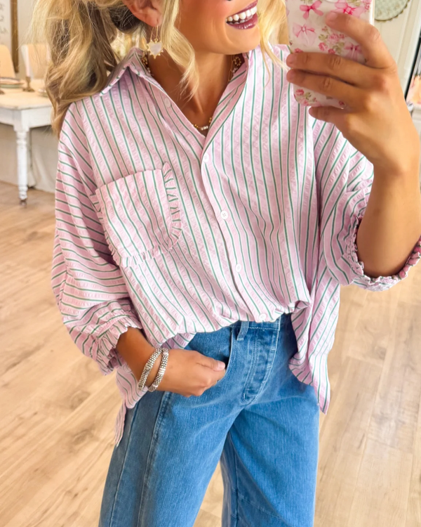 Pink Striped Oversized Button Down Shirt