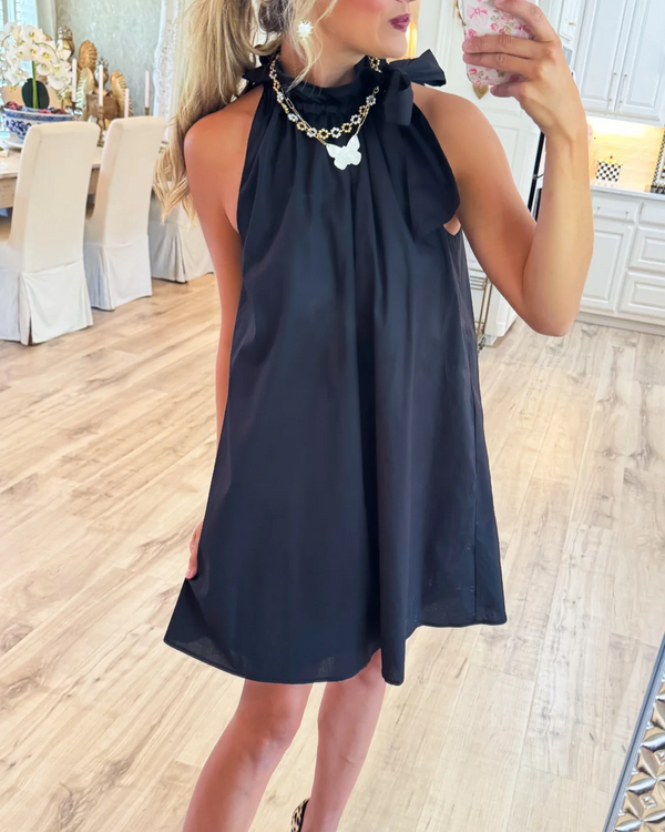 Black Ruffle Neck Bow Dress