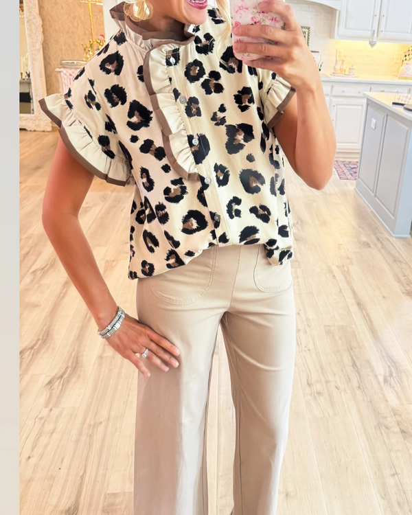 Off White Leopard Pattern Ruffle Neck Top