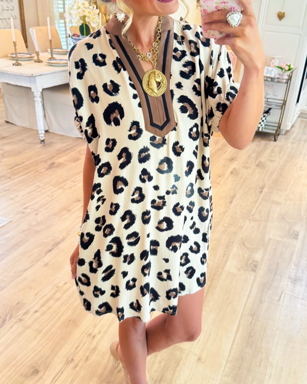 Off White Leopard Dolman Sleeve Mini Dress