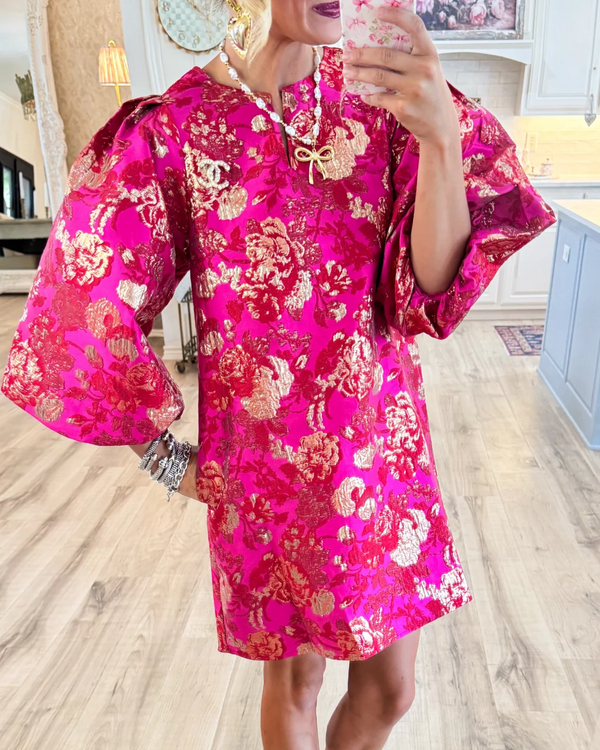 Hot Pink Gold Accent Jacquard Shift Dress