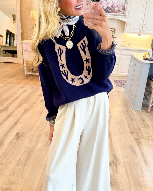 Navy Western Horseshoe Cactus Knit Sweater