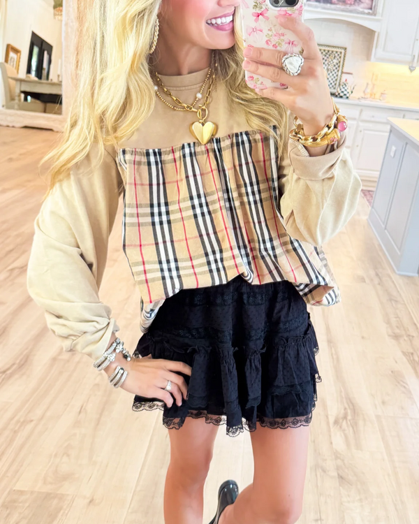 Taupe Solid & Plaid Mix Match Top