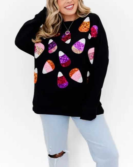 Candy Corn Sequin Embellished Sweatshirt-BLACK