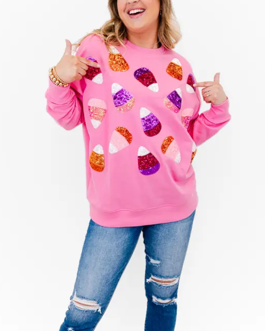 Candy Corn Sequin Embellished Sweatshirt-PINK