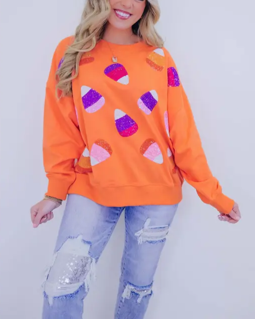 Candy Corn Sequin Embellished Sweatshirt-Orange