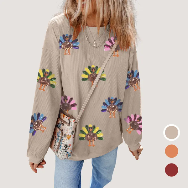 Women's Sequined Turkey Drop Shoulder Sweatshirt