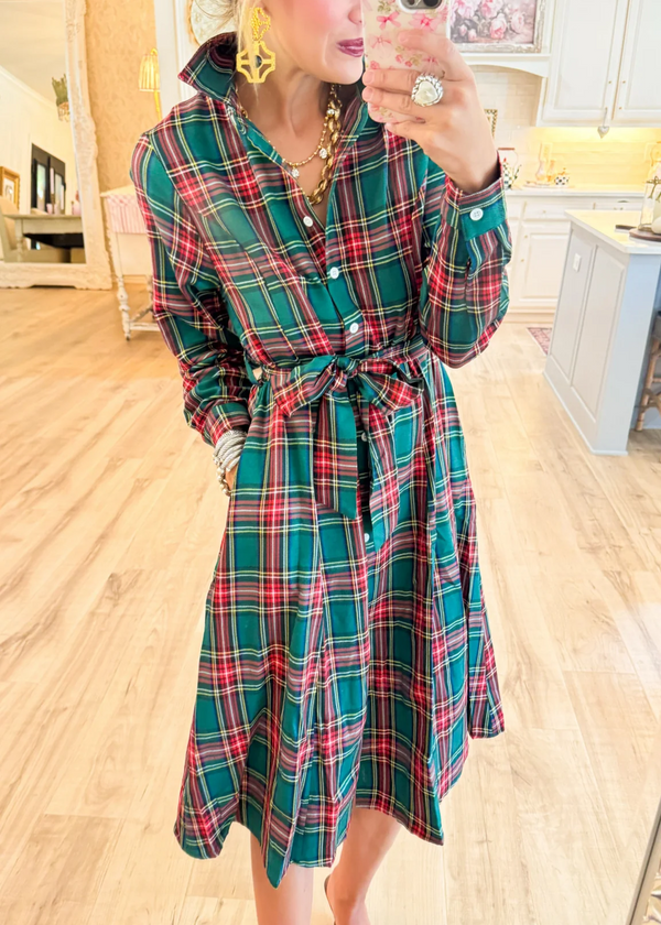 Hunter Green Multi Plaid Midi Dress