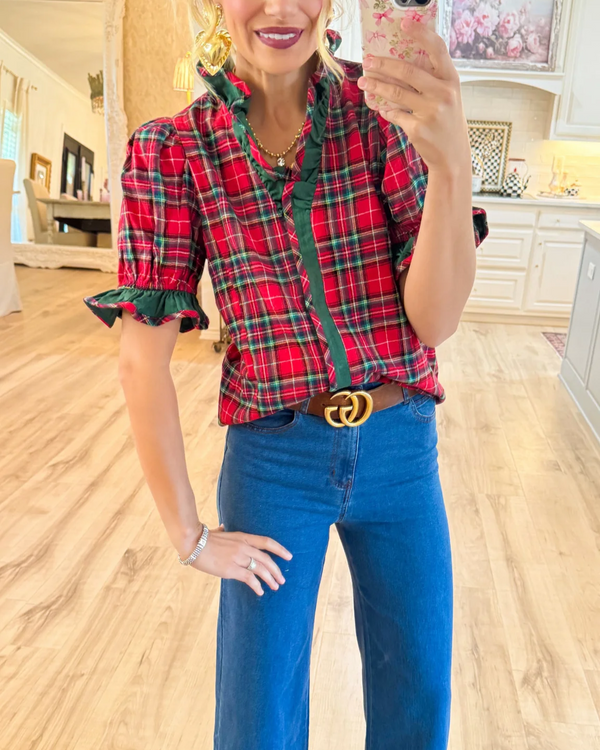 Plaid Puff Sleeve Ruffle Trim Blouse