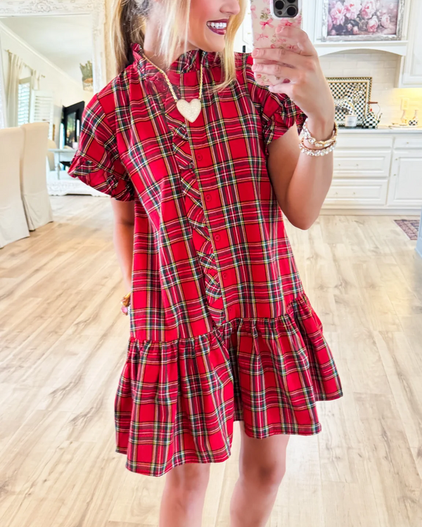 Red Plaid Frilled Neck Mini Dress