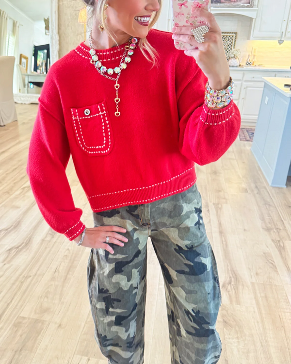 Red Knit Contrast Stitch Sweater