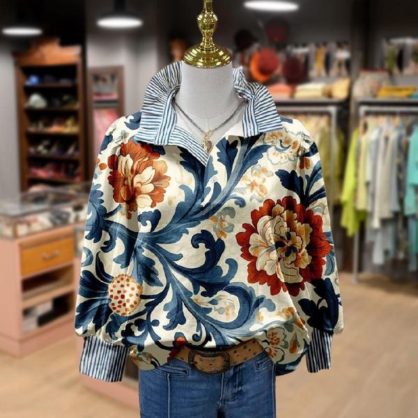 Vintage Floral Print Striped Collar Top