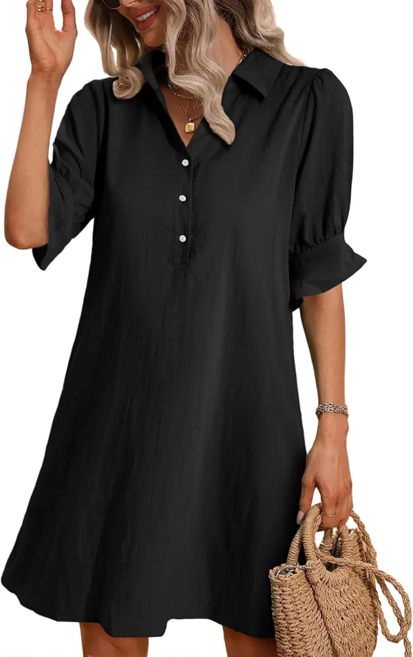 Women's Solid Ruffle Sleeve Button Down Shirt Dress