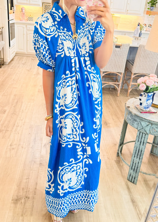 Blue Mixed Print Puff Sleeve Midi Dress