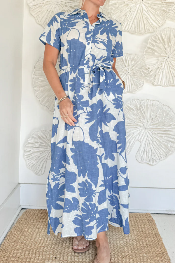 Deep Blue Print Belted Maxi
