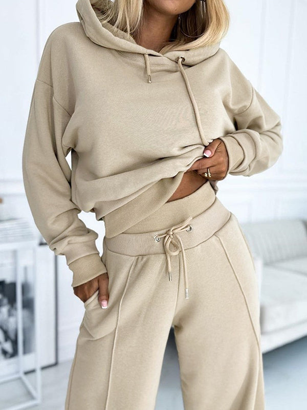 Solid Color Hoodie and Wide-Leg Pants set