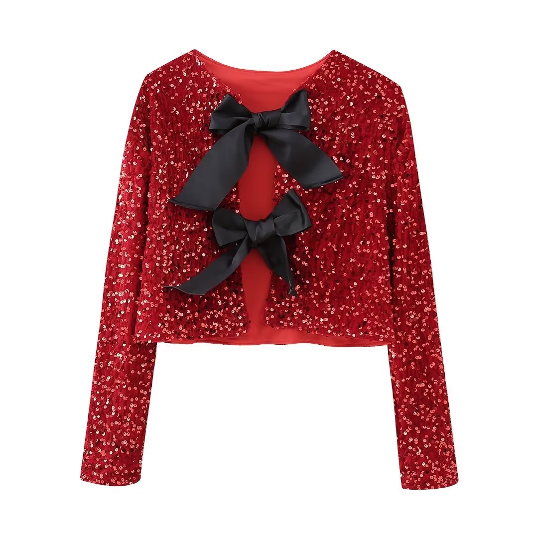 Versatile Bowknot Decoration Sequined Short Coat