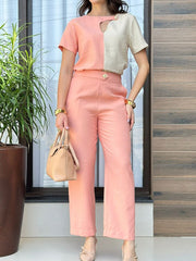 Elegant Women's Color Blocking Short Sleeve Suit Two Piece Set