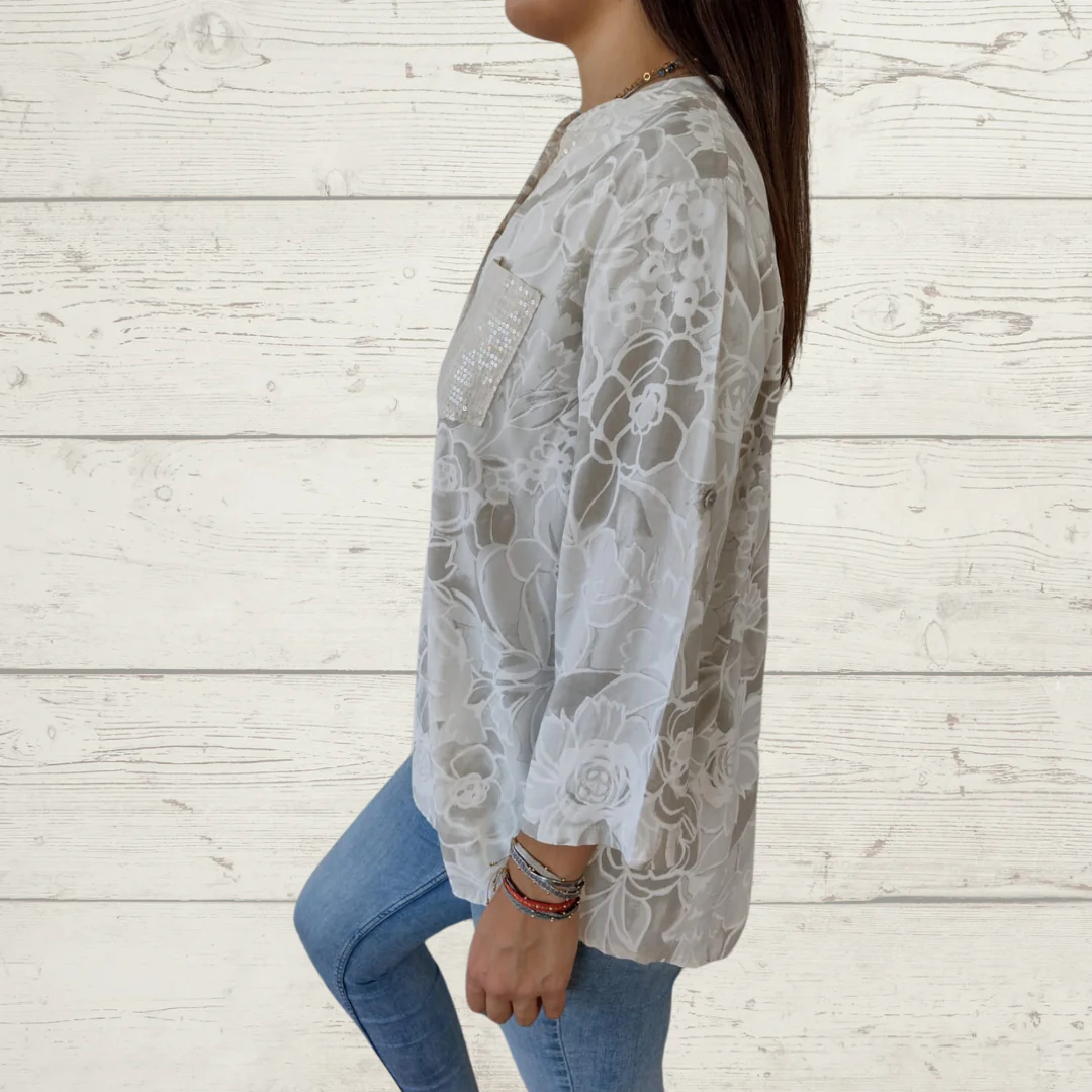 Printed V-Neck Button Down Shirt