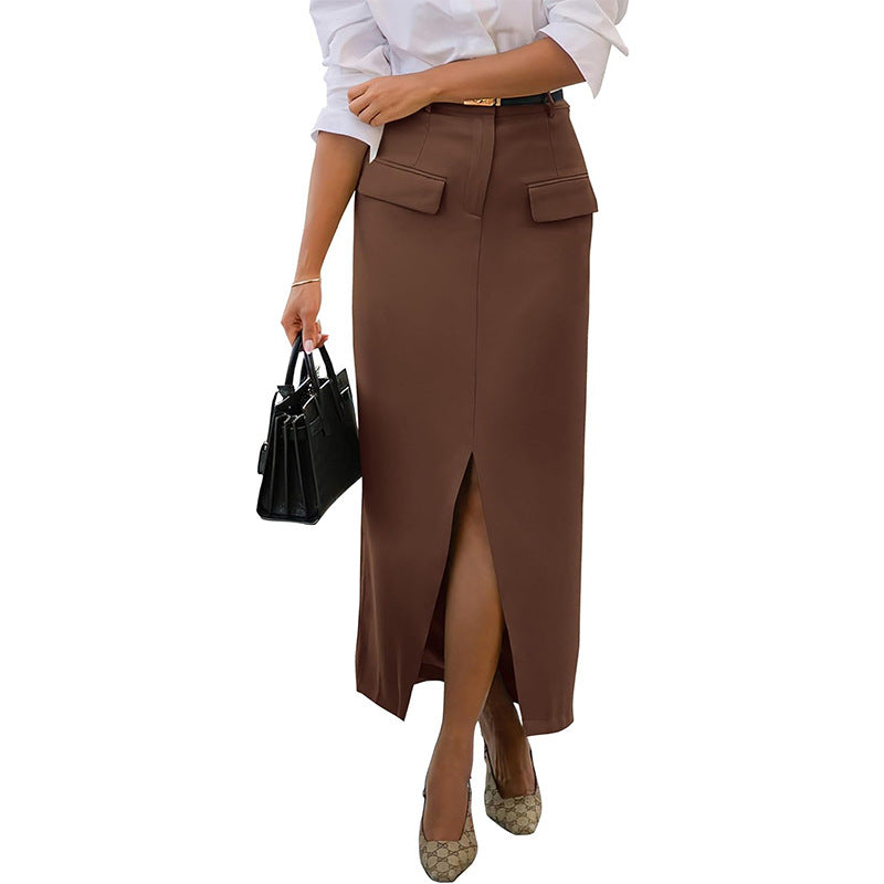 Women's Casual Pocket Slit Bag Hip Skirt