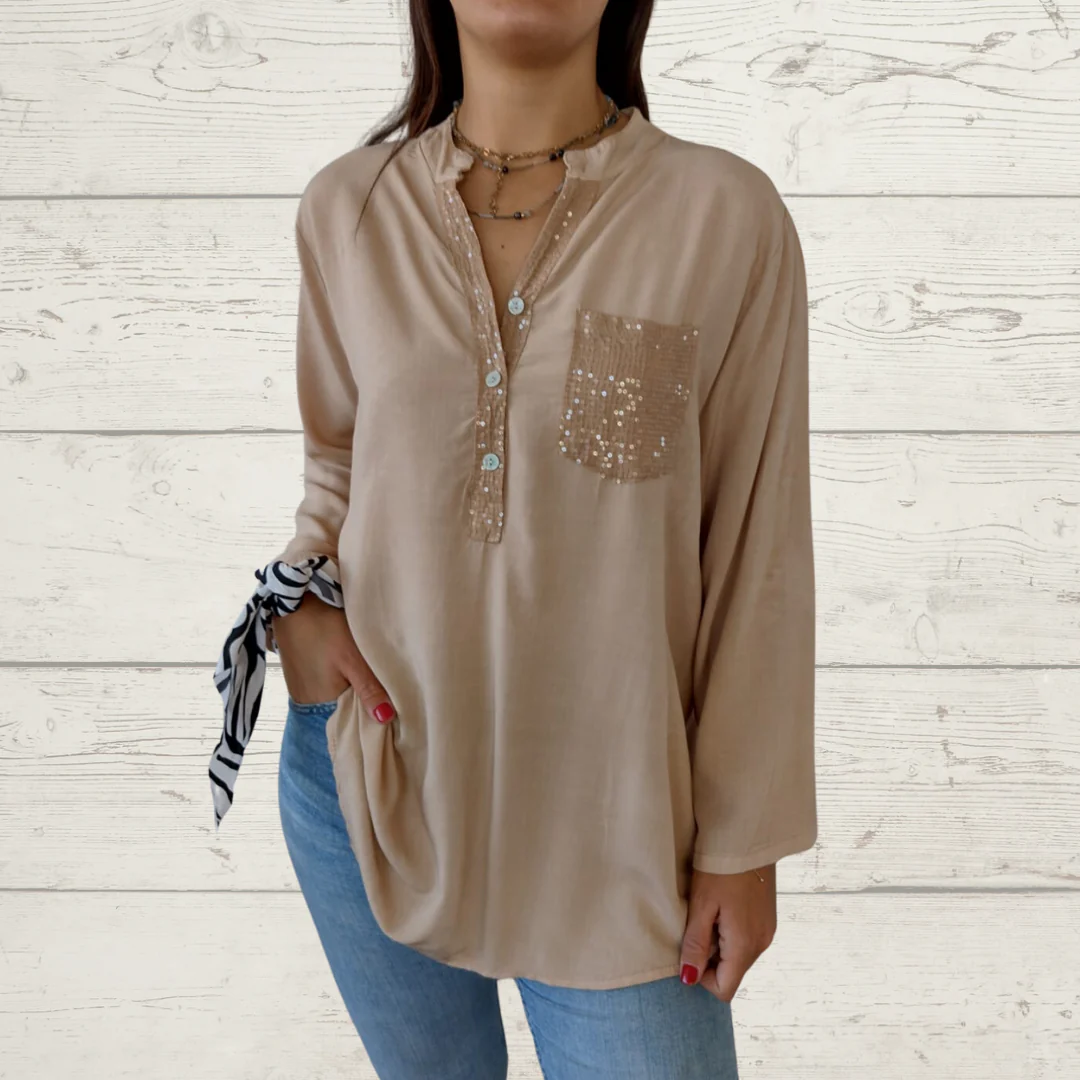 Women's Sequin Pocket Long Sleeve Blouse