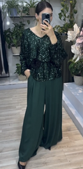 Women's Sequin V-Neck Top and Baggy Pants Set