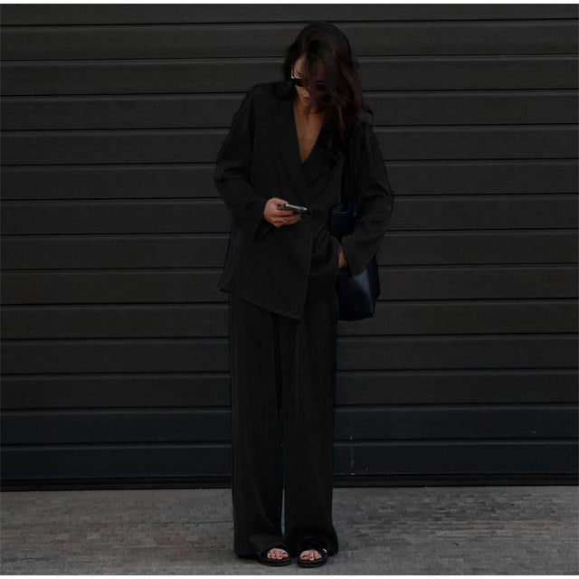 Satin Suit Lapel Long Sleeve Wide Leg Pants Suit