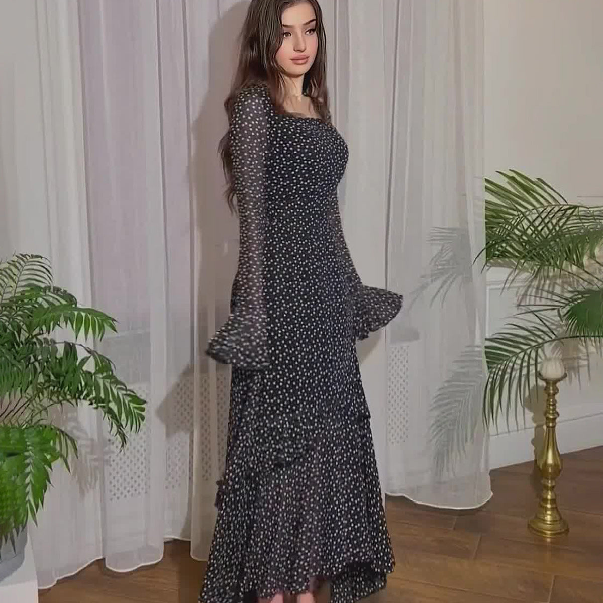 Chiffon Dots Lotus Leaf Sleeve Stitching Irregular Dress