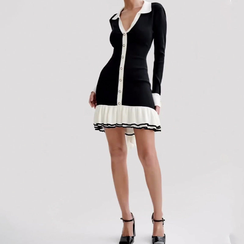 Lapel Long-sleeved Knitted  Dress