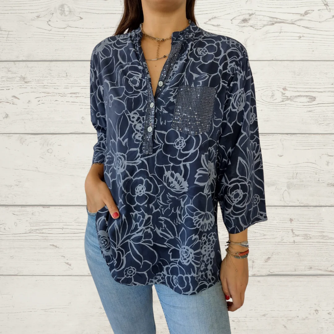 Printed V-Neck Button Down Shirt